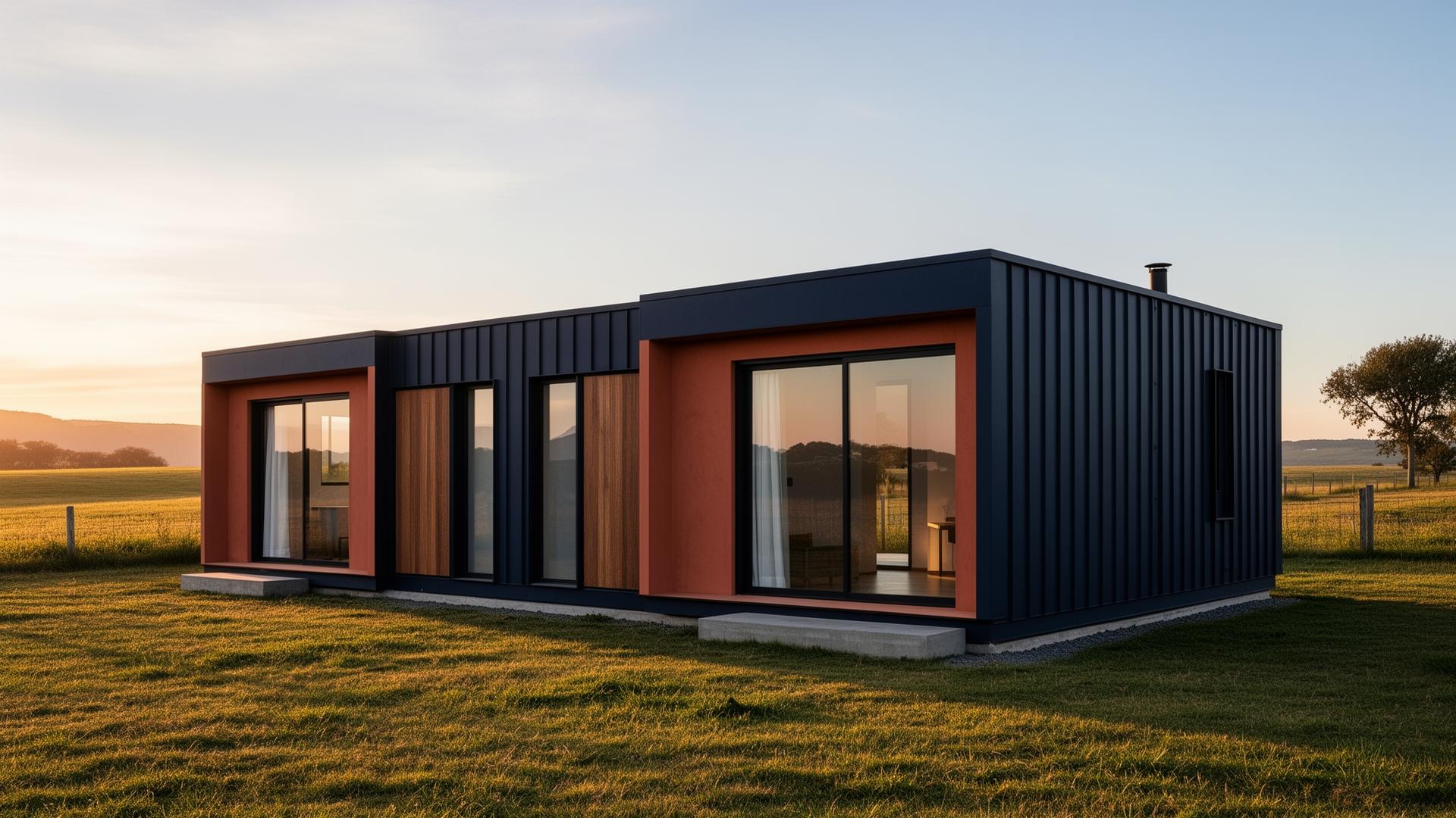 Casa modular Casaurora en el campo uruguayo al atardecer